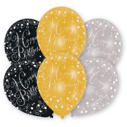 6 Luftballons Happy Birthday gold silber schwarz funkelnd Latexballons